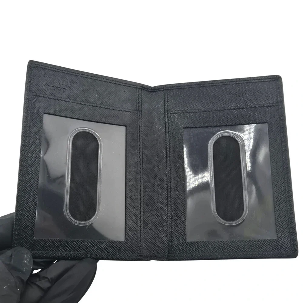 Prada Saffiano Leather Bifold Card Holder Wallet Black Triangle Logo ID Window